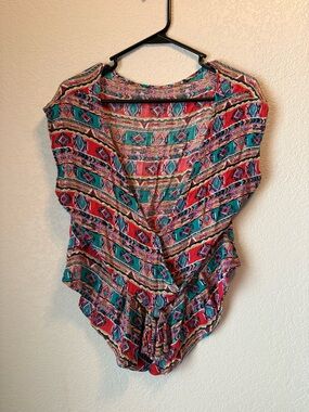 Boho Tribal Print Flowy Top Tassel Tie Front Festival Blouse L XL
